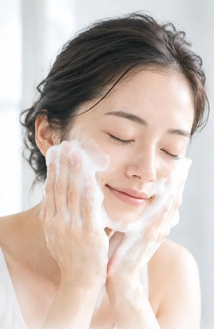 泡で洗顔する女性