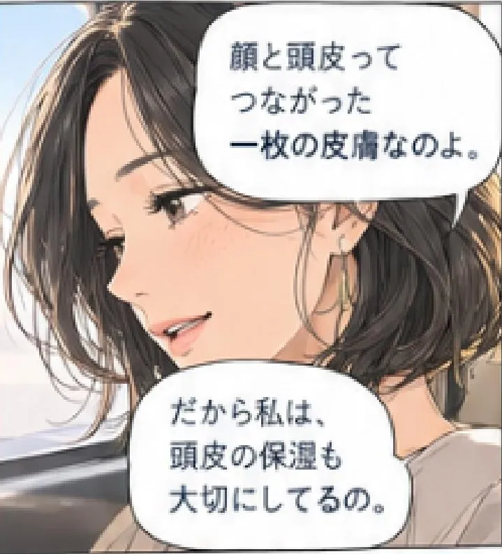 「顔と頭皮ってつながった一枚の皮膚なのよ。だから私は、頭皮の保湿も大切にしてるの。」